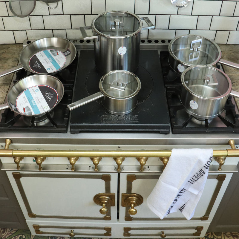 Cristel Fryingpans set and Cristel Saucepans set in a French Kitchen