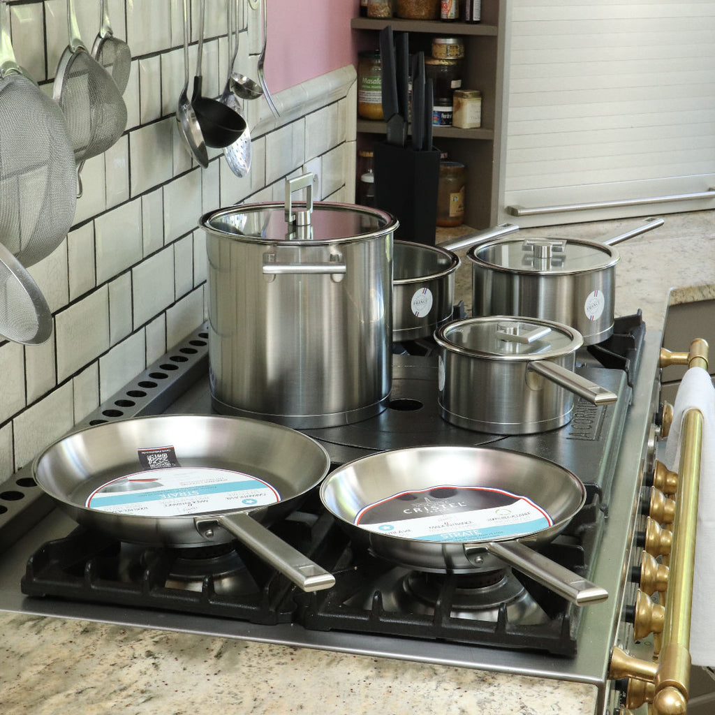Cristel Fryingpans set and Cristel Saucepans set in a French Kitchen