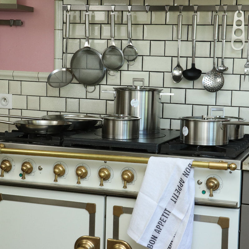 Cristel Fryingpans set and Cristel Saucepans set in a French Kitchen