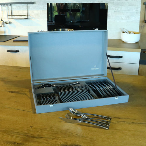 50 pieces solid handle serrated cutlery grey box set solstice poli-miror