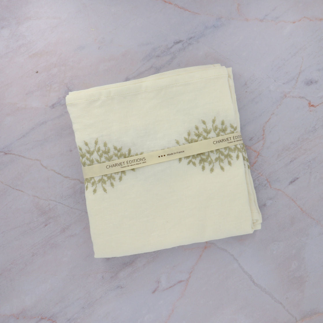 Charvet Embroidered Table Runner White on Marble